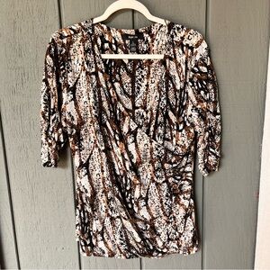 Style & Co Faux Wrap Short Sleeve Reptile Snake Skin  Brown/Black Print Top L